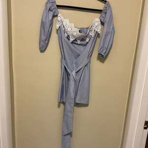 Off-The-Shoulder Striped Mini Dress with Lace Detail, Size Medium